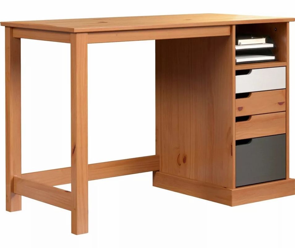 Bureau 4 tiroirs bois de pin laqué blanc, gris et naturel Louis 108 cm - Photo n°1
