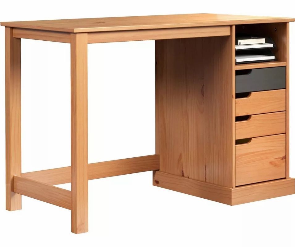 Bureau 4 tiroirs bois de pin naturel et gris Louis 108 cm - Photo n°1