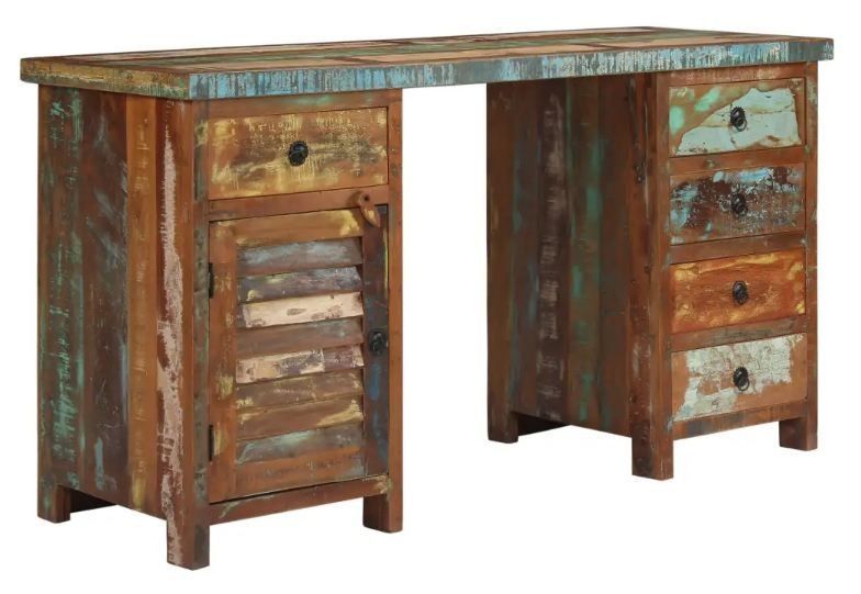 Bureau 5 tiroirs 1 porte bois massif recyclé laqué Moust - Photo n°1