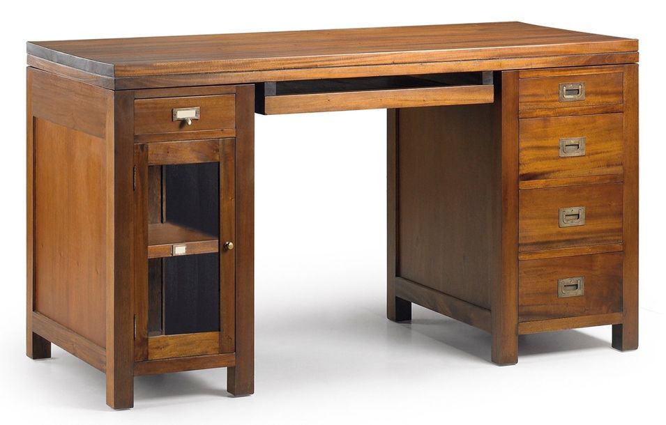 Bureau 5 tiroirs 1 porte en bois d'acajou massif FALKANE - Photo n°1