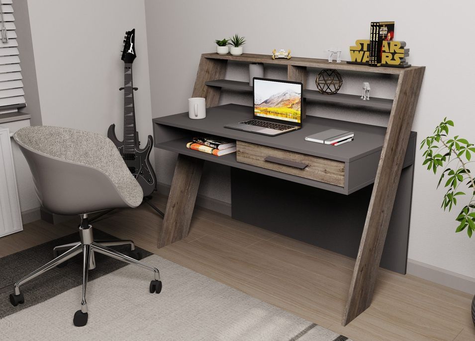 Bureau anthracite et wengué 1 tiroir 2 étagères 1 compartiment Miloka 123.6 cm - Photo n°1