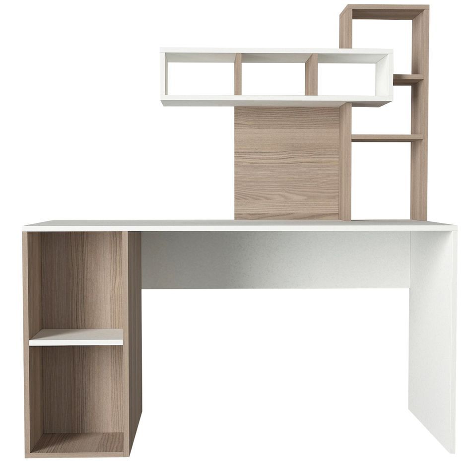 Bureau avec étagère intégré bois naturel et blanc Ciska 120 - Photo n°1