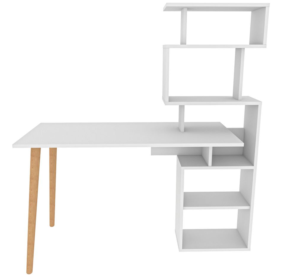 Bureau avec étagères bois blanc et pieds naturel Vikio 133 cm - Photo n°1