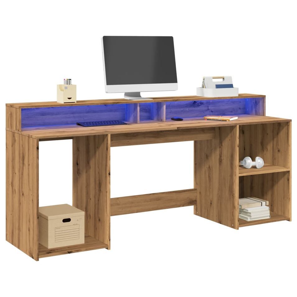 Bureau avec lumières LED chêne artisanal bois d'ingénierie - Photo n°1
