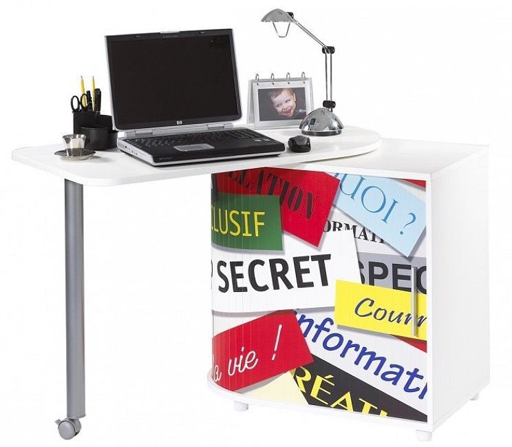 Bureau avec plateau pivotant et rangement blanc imprimé top secret Kool 105 cm - Photo n°1