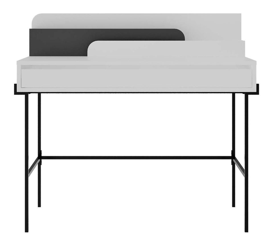 Bureau avec tiroir bois blanc et anthracite avec des pieds en métal noir Kinza 108 cm - Photo n°1