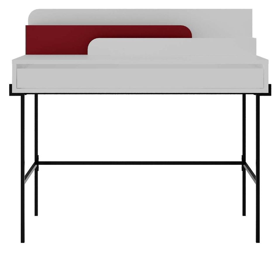 Bureau avec tiroir bois blanc et rouge avec des pieds en métal noir Kinza 108 cm - Photo n°1
