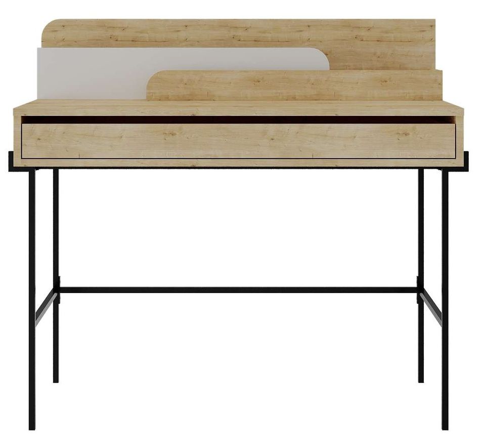 Bureau avec tiroir bois chêne clair et blanc avec des pieds en métal noir Kinza 108 cm - Photo n°1