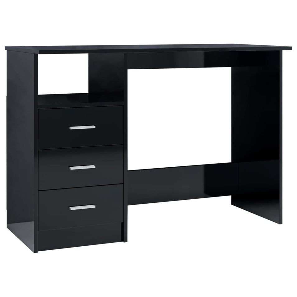 Bureau avec tiroirs Noir brillant 110x50x76 cm - Photo n°1