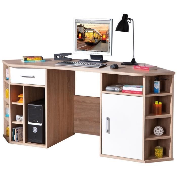 Bureau d'angle 1 tiroir 1 porte bois chêne clair et blanc Kapi - Photo n°1