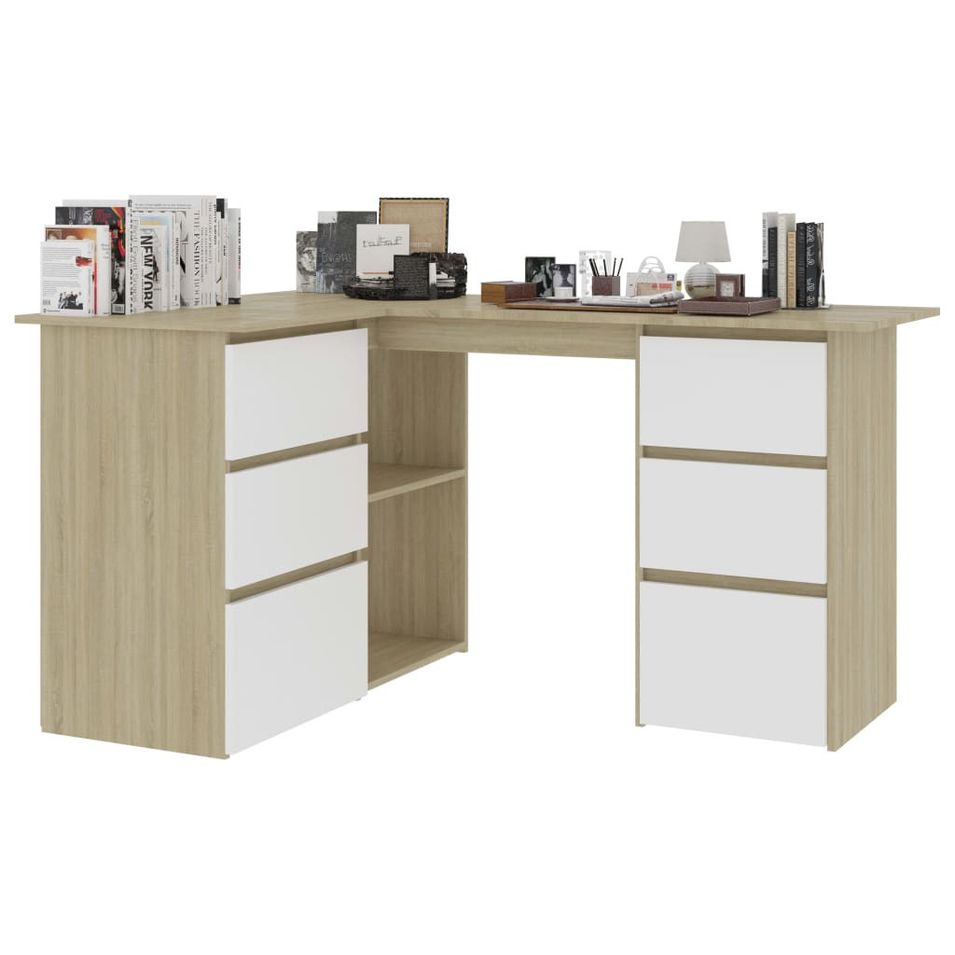 Bureau d'angle Blanc et chêne sonoma 145x100x76 cm - Photo n°1
