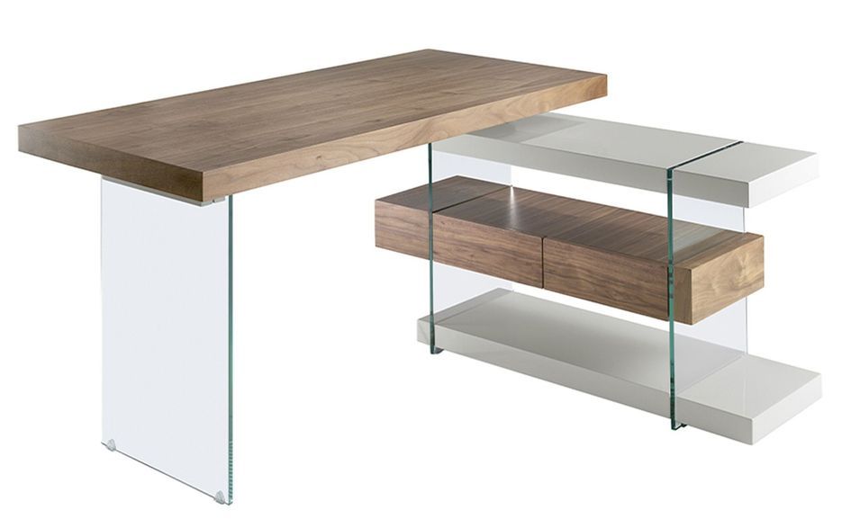 Bureau d'angle moderne Moza 140 cm - Noyer et verre trempé - Photo n°1