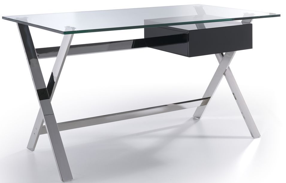 Bureau design acier chromé et verre trempé tiroir laqué noir Loa - Photo n°1