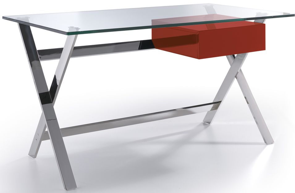 Bureau design acier chromé et verre trempé tiroir laqué rouge Loa - Photo n°1
