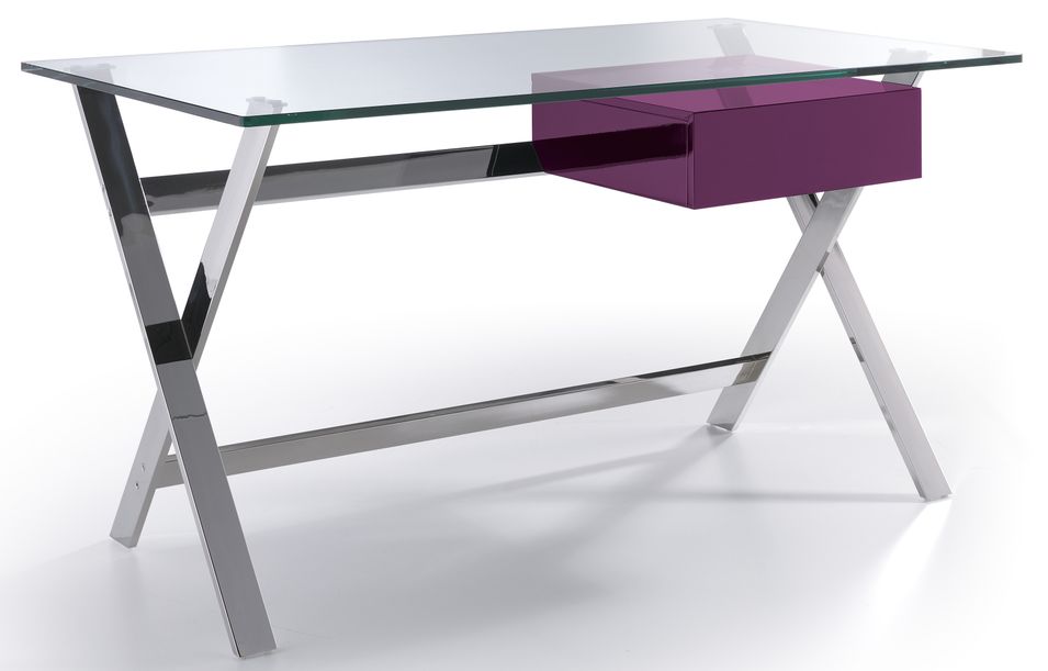 Bureau design acier chromé et verre trempé tiroir laqué violet Loa - Photo n°1