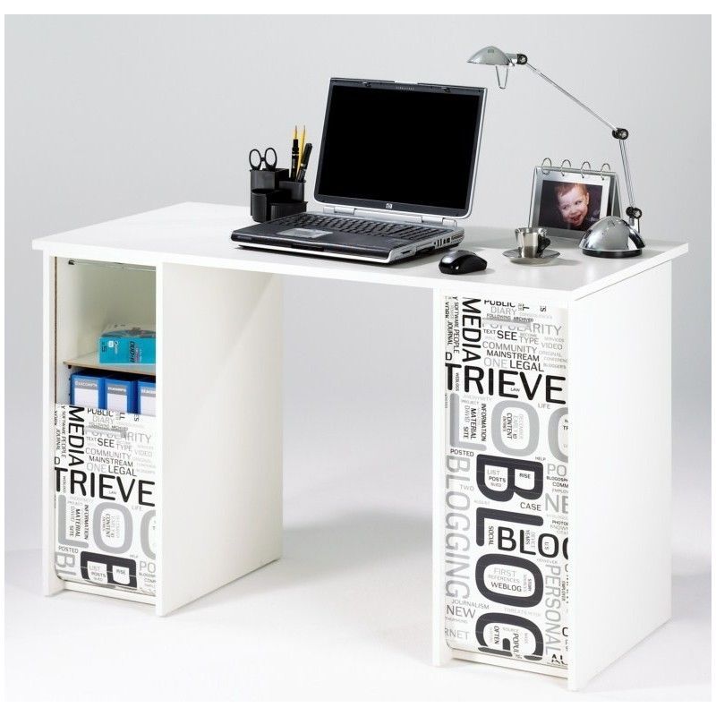 Bureau droit avec 2 caissons bois blanc imprimé blog Scoot - Photo n°1