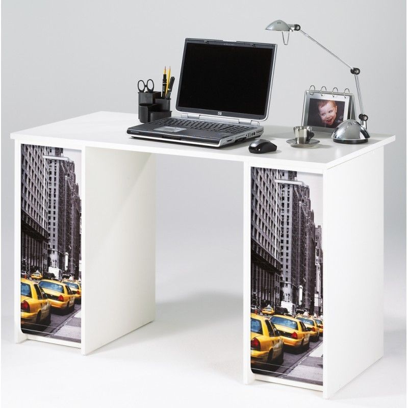 Bureau droit avec 2 caissons bois blanc imprimé taxi jaune Scoot - Photo n°1