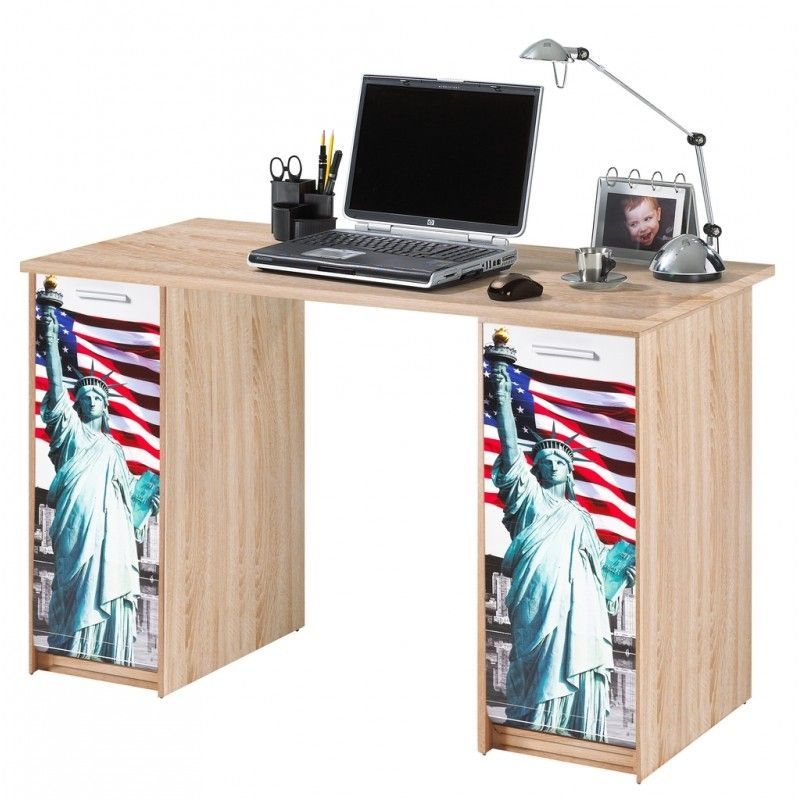 Bureau droit avec 2 caissons chêne naturel imprimé statue de la Liberté Scoot - Photo n°1