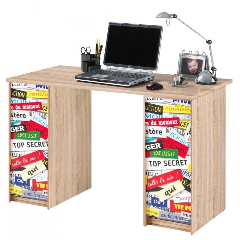 Bureau droit avec 2 caissons chêne naturel imprimé top secret Scoot - Photo n°1