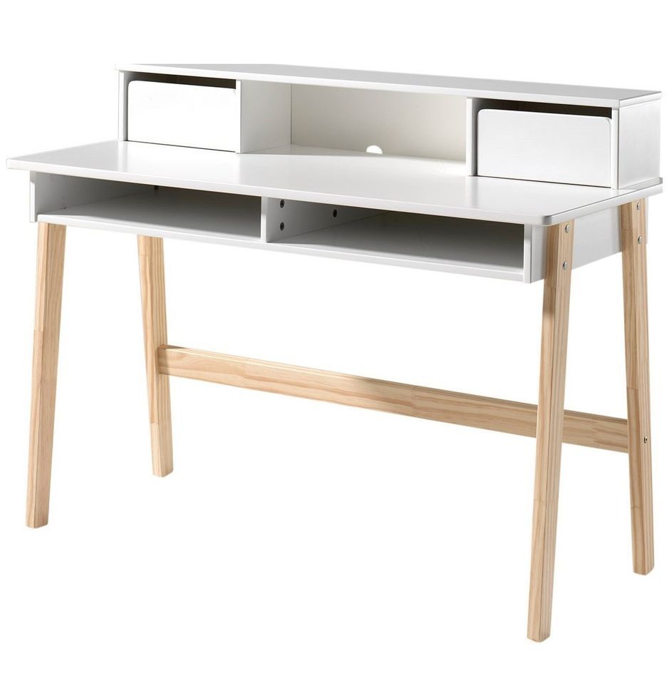 Bureau enfant 2 niches 2 tiroirs bois laqué blanc et pieds pin clair Kiddy - Photo n°1