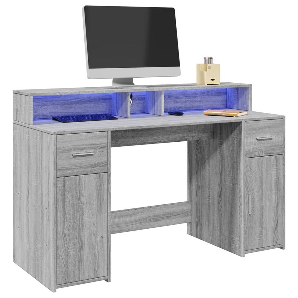 Bureau et lumières LED sonoma gris 140x55x91 cm bois ingénierie - Photo n°1