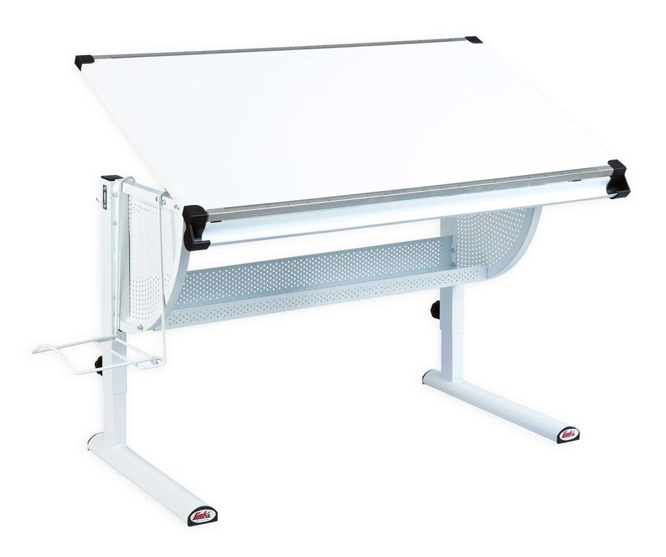 Bureau inclinable laqué blanc et pieds métal déco rose et vert Satis - Photo n°1