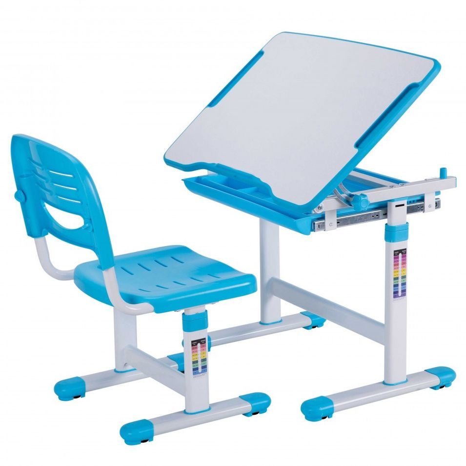 Bureau inclinable réglable bois et métal blanc et bleu Comfortline - Photo n°1