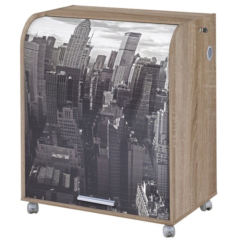Bureau informatique chêne clair à roulettes BOKER – Bureau compact avec rideau et serrure - Photo n°1