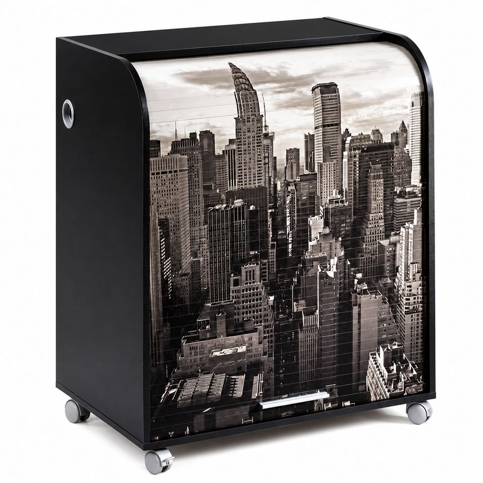 Bureau informatique noir à roulettes BOKER – Bureau compact avec rideau et serrure - Photo n°1