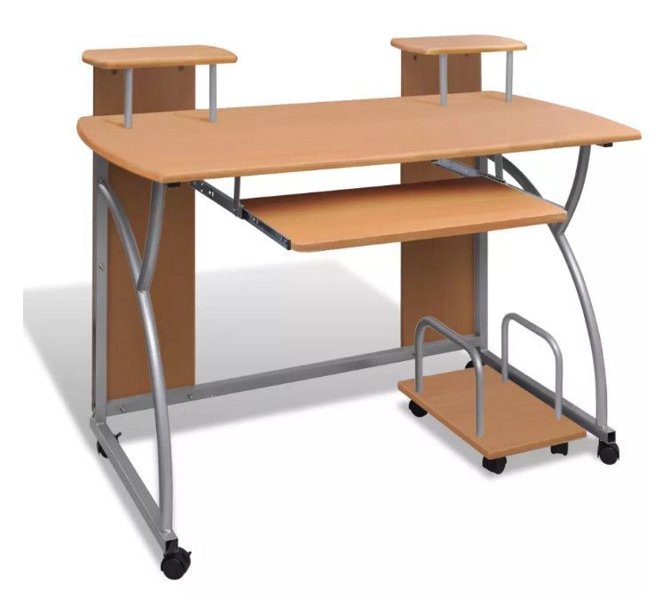 Bureau informatique sur roulettes bois beige et métal gris Patti - Photo n°1