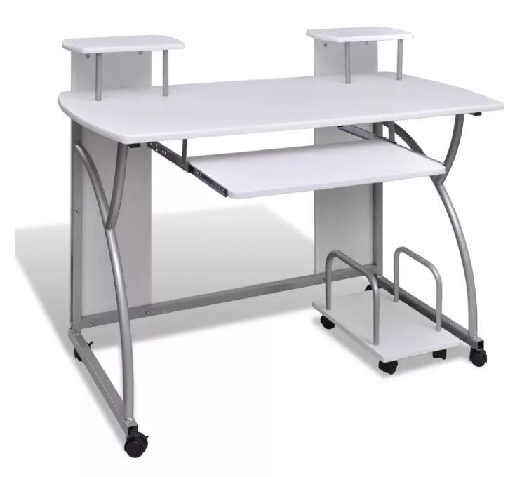 Bureau informatique sur roulettes bois blanc et métal gris Patti - Photo n°1