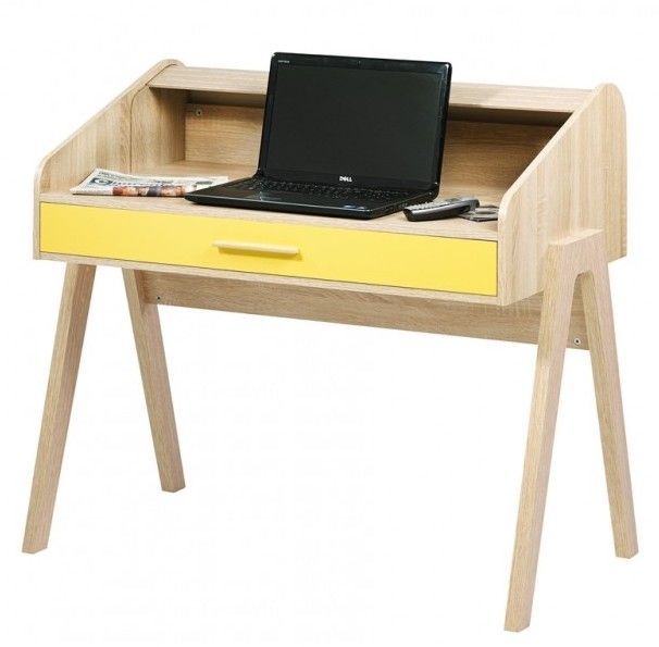 Bureau rideau Tiroir jaune Pieds naturel - Photo n°1
