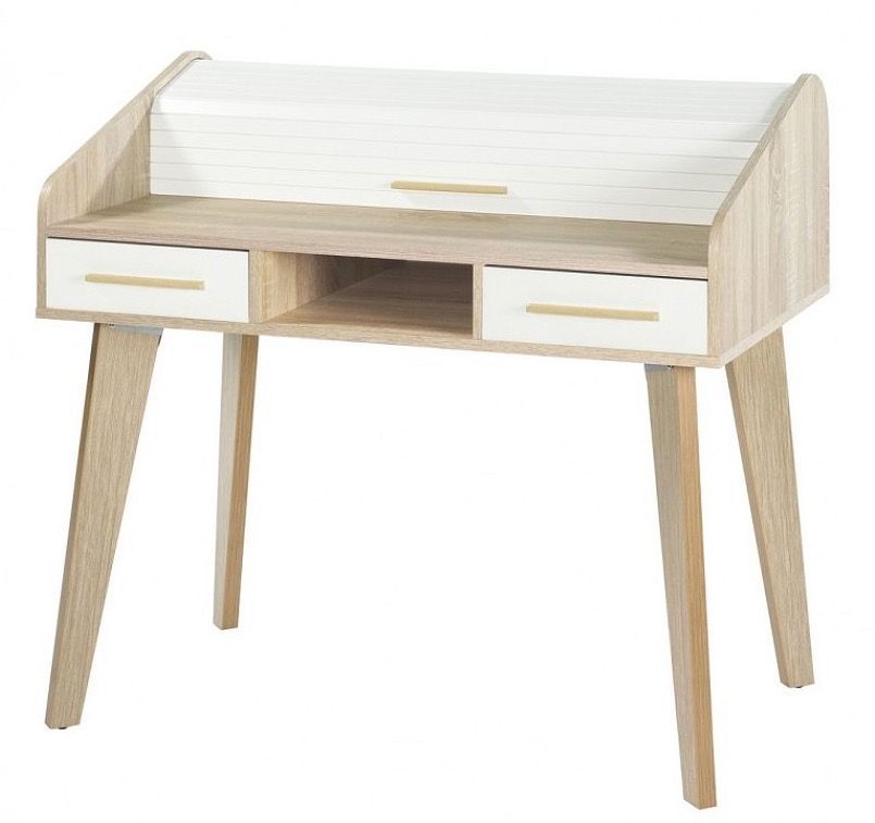 Bureau secrétaire 2 tiroirs chêne clair et blanc happy 104 cm - Photo n°1