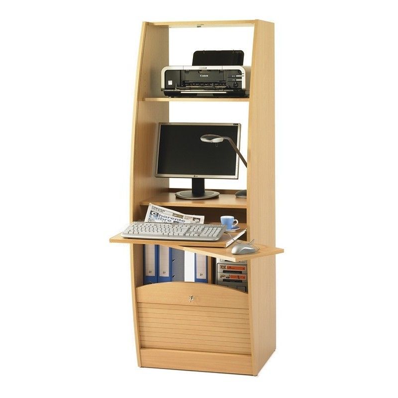 Bureau secrétaire multimédia à rideau TAKO 60 cm – Armoire informatique compacte avec rangement - Photo n°1