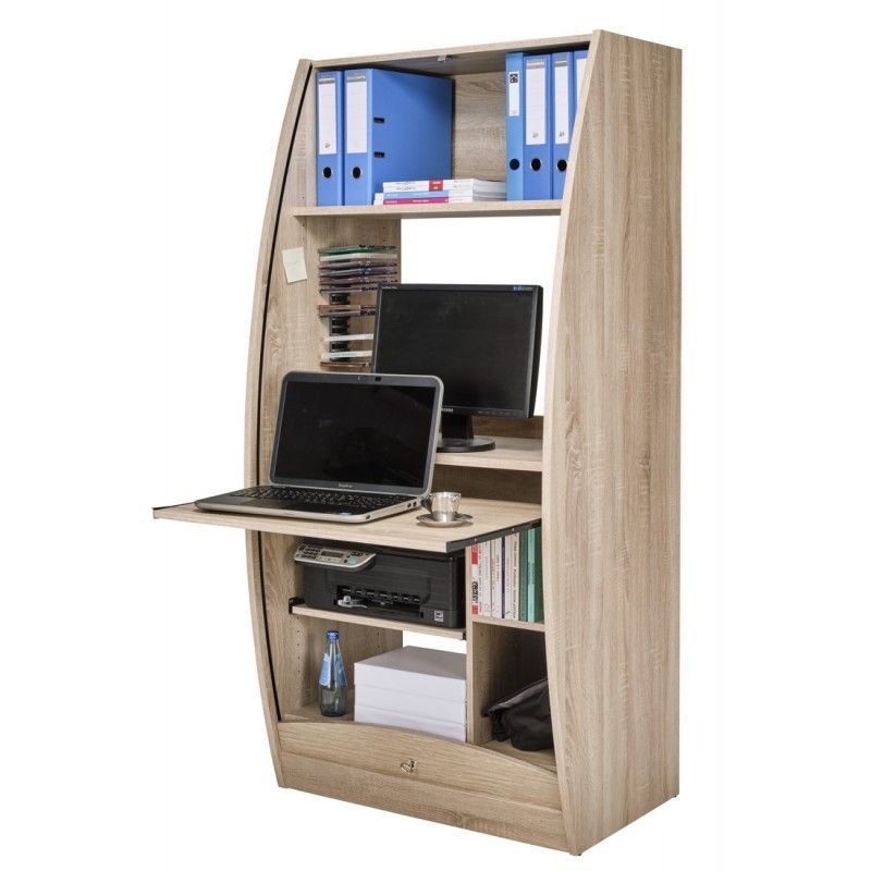 Bureau secrétaire multimédia à rideau TAKO 80 cm – Armoire informatique compacte avec rangement - Photo n°1