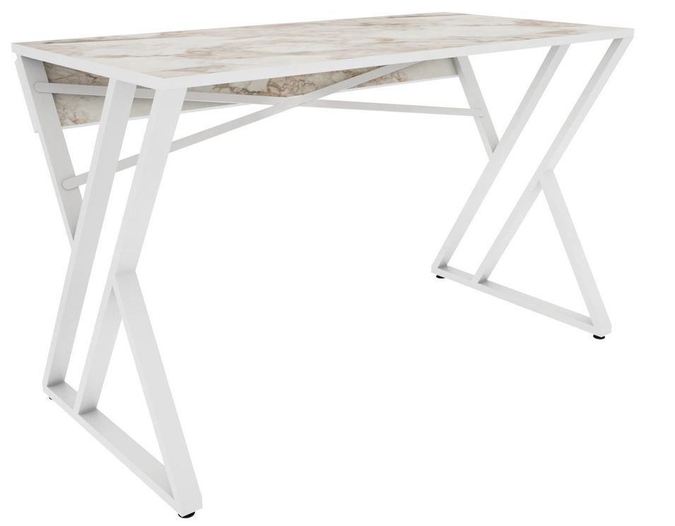 Bureau tréteau bois blanc effet marbre et pieds métal blanc Pilaz 120 cm - Photo n°1