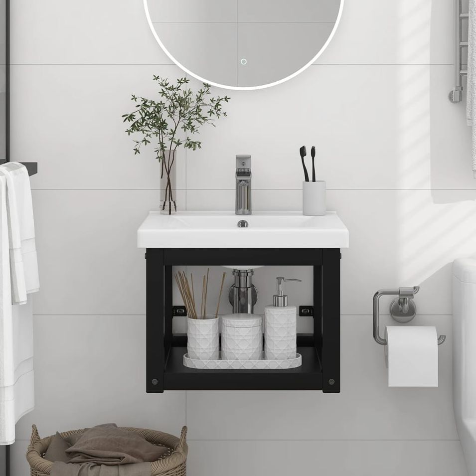 Cadre de lavabo de salle de bain mural Noir 40x38x31 cm Fer - Photo n°1