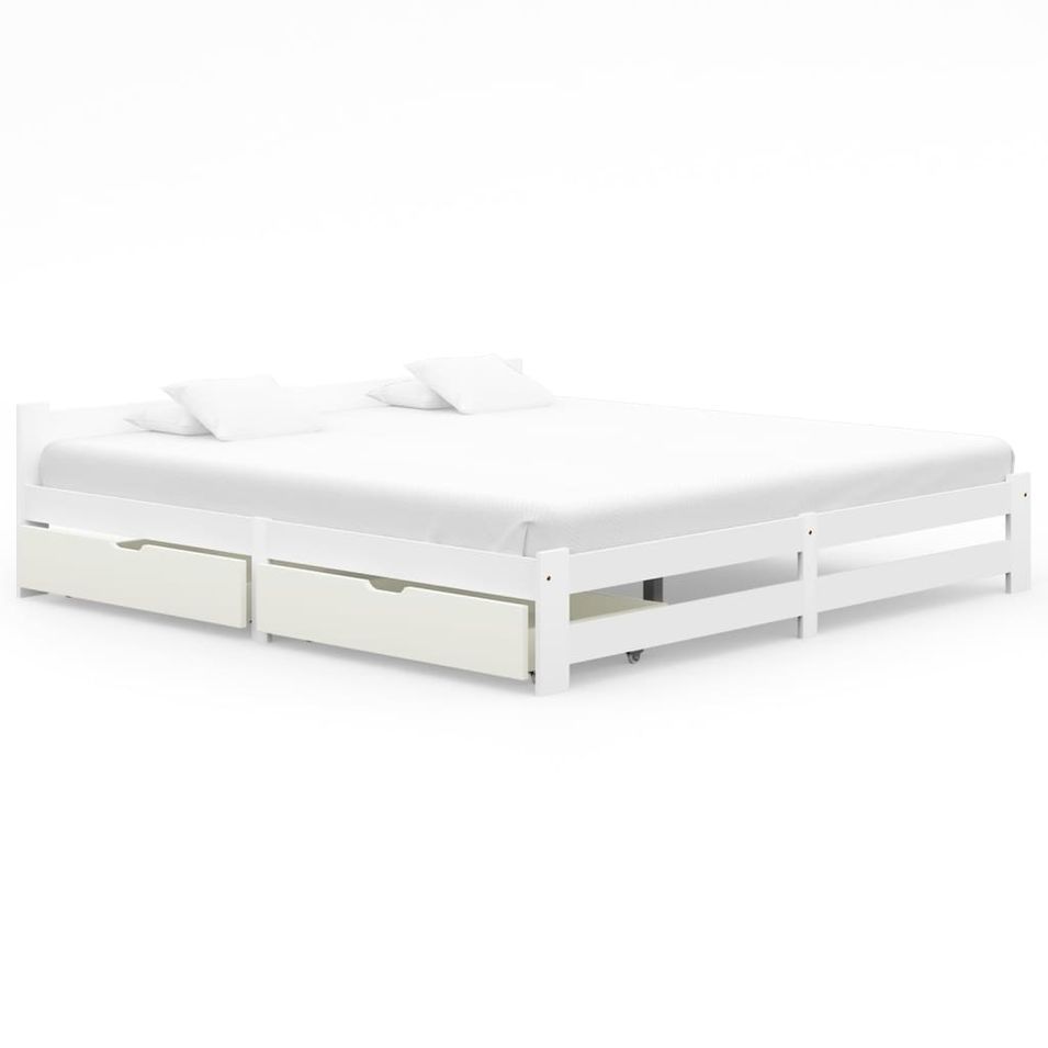 Lit avec 2 tiroirs Blanc Bois de pin massif 200x200 cm - Photo n°1