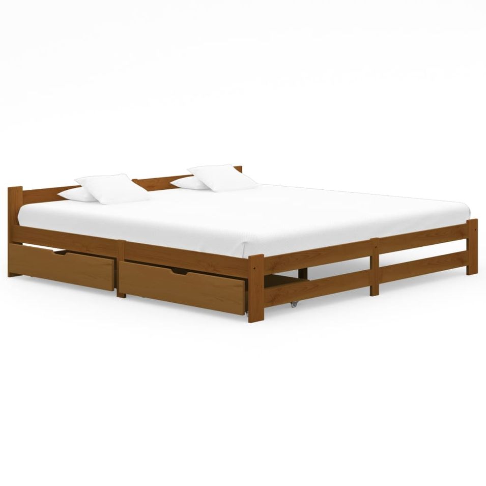 Lit avec 2 tiroirs Marron miel Bois de pin 200x200 cm - Photo n°1