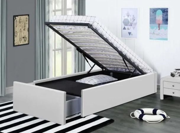 Cadre de lit avec coffre et 1 tiroir 90x190 cm simili cuir blanc Karmi - Photo n°1