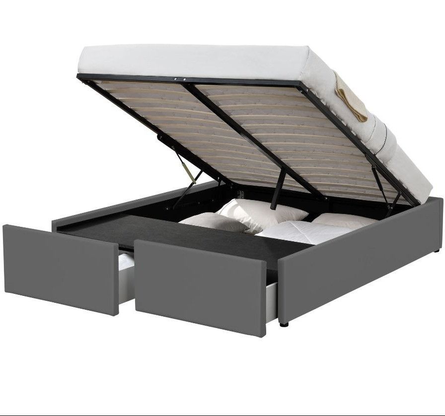 Cadre de lit avec coffre et 2 tiroirs 160x200 cm simili cuir gris Karmi - Photo n°1