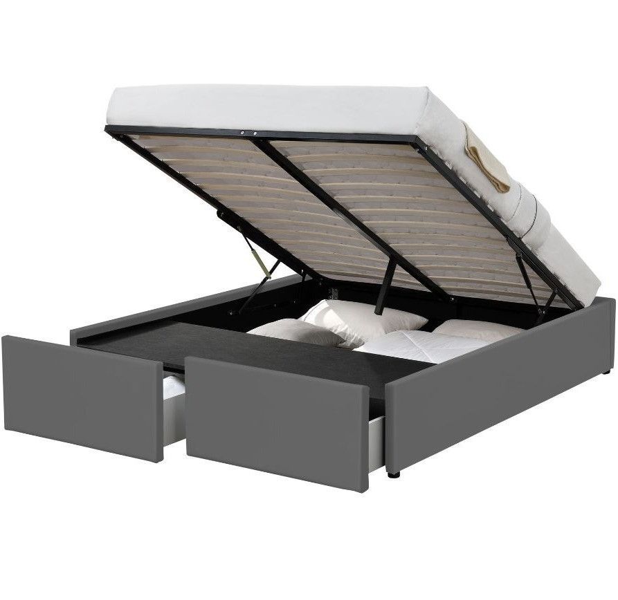 Cadre de lit avec coffre et 2 tiroirs 180x200 cm simili cuir gris Karmi - Photo n°1