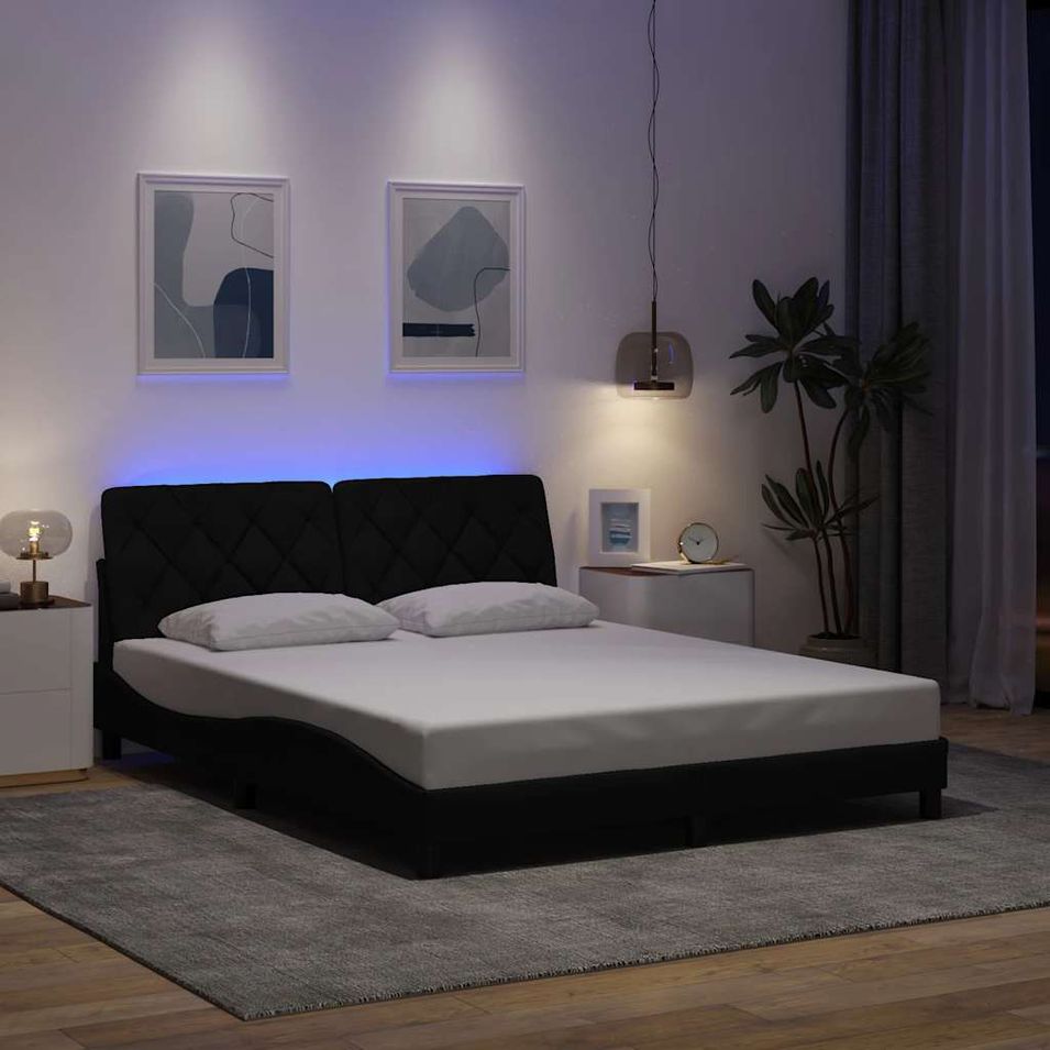 Cadre de lit avec LED sans matelas noir 160x200 cm tissu - Photo n°1