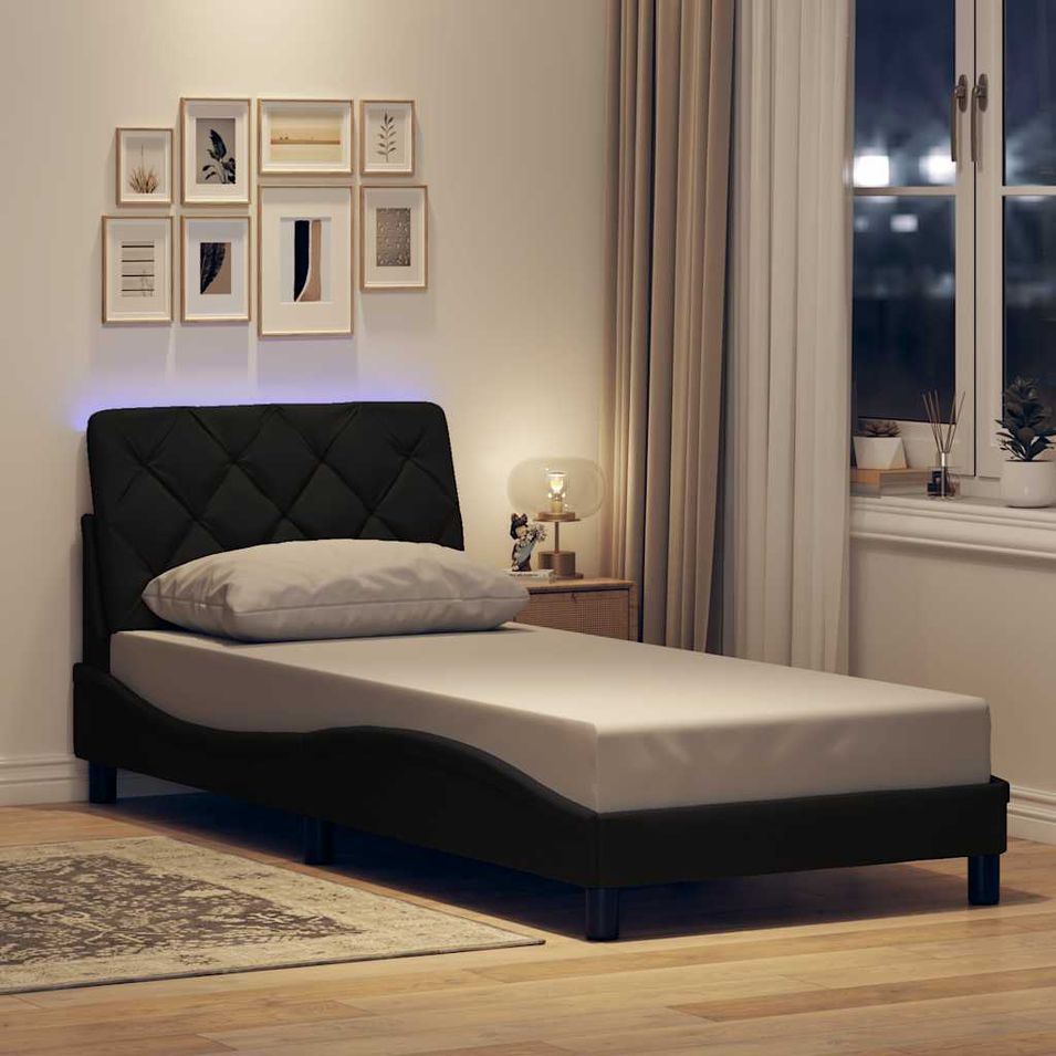Cadre de lit avec LED sans matelas noir 90x200 cm tissu - Photo n°1