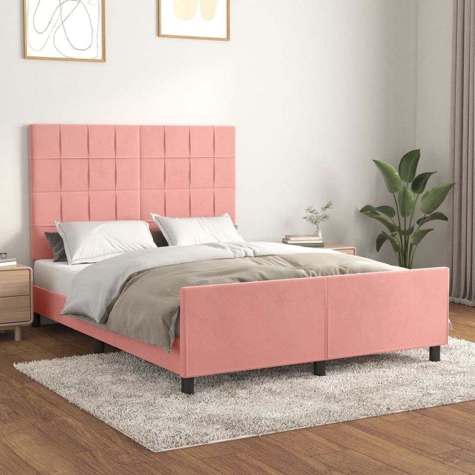 Lit avec tête de lit Rose 140x200 cm Velours 3 - Photo n°1