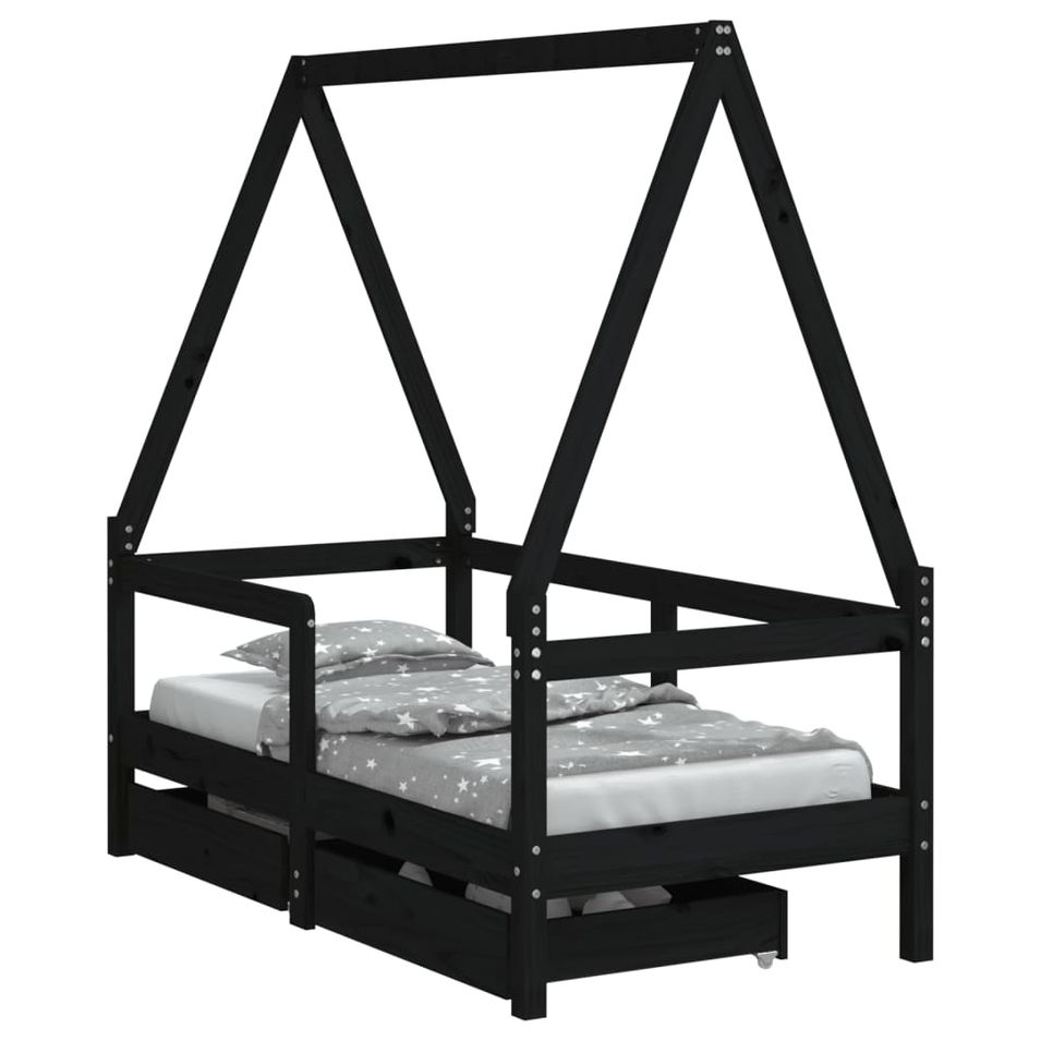 Cadre de lit enfant avec tiroirs noir 70x140 cm bois pin massif - Photo n°1