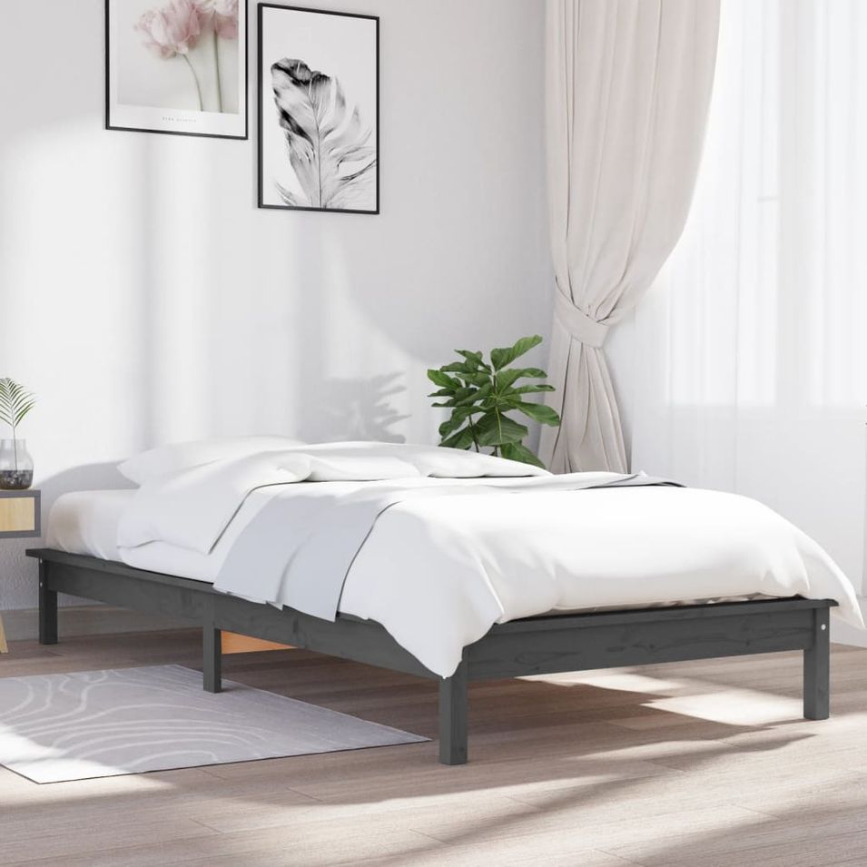 Cadre de lit Gris 75x190 cm Bois pin massif Petit simple - Photo n°1