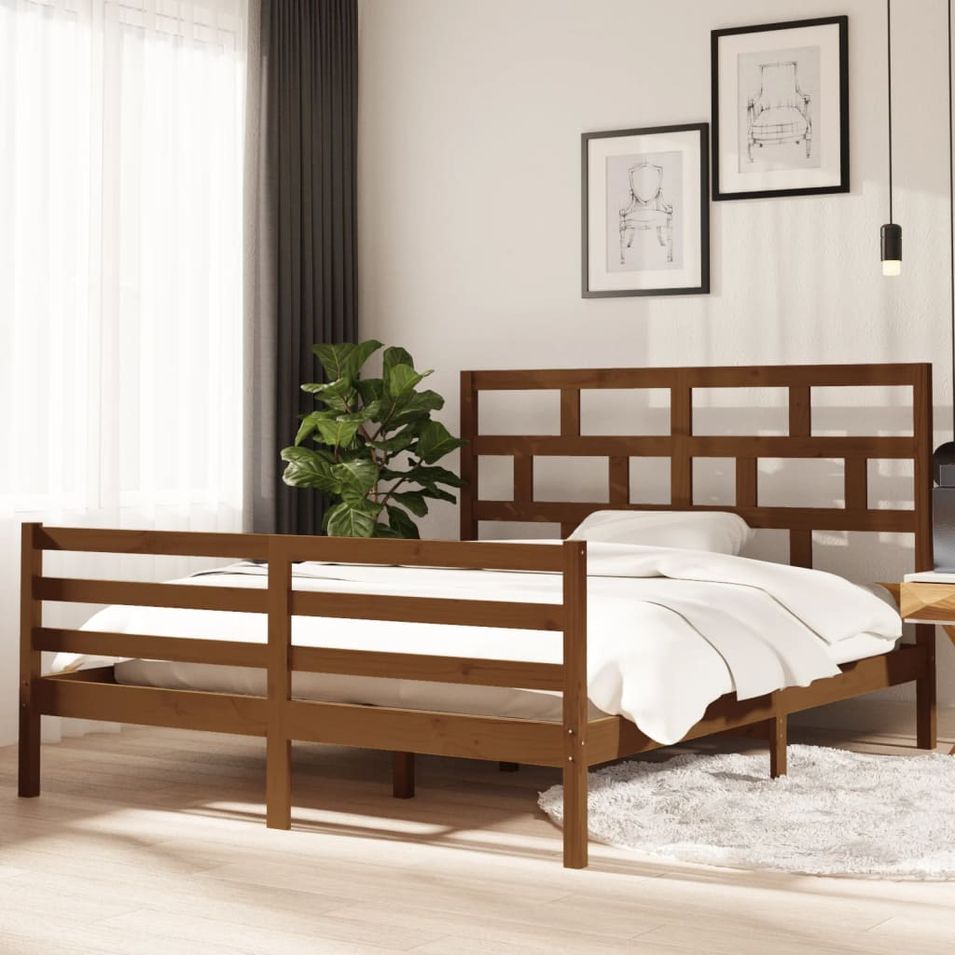 Cadre de lit Marron miel Bois de pin massif 160x200 cm - Photo n°1