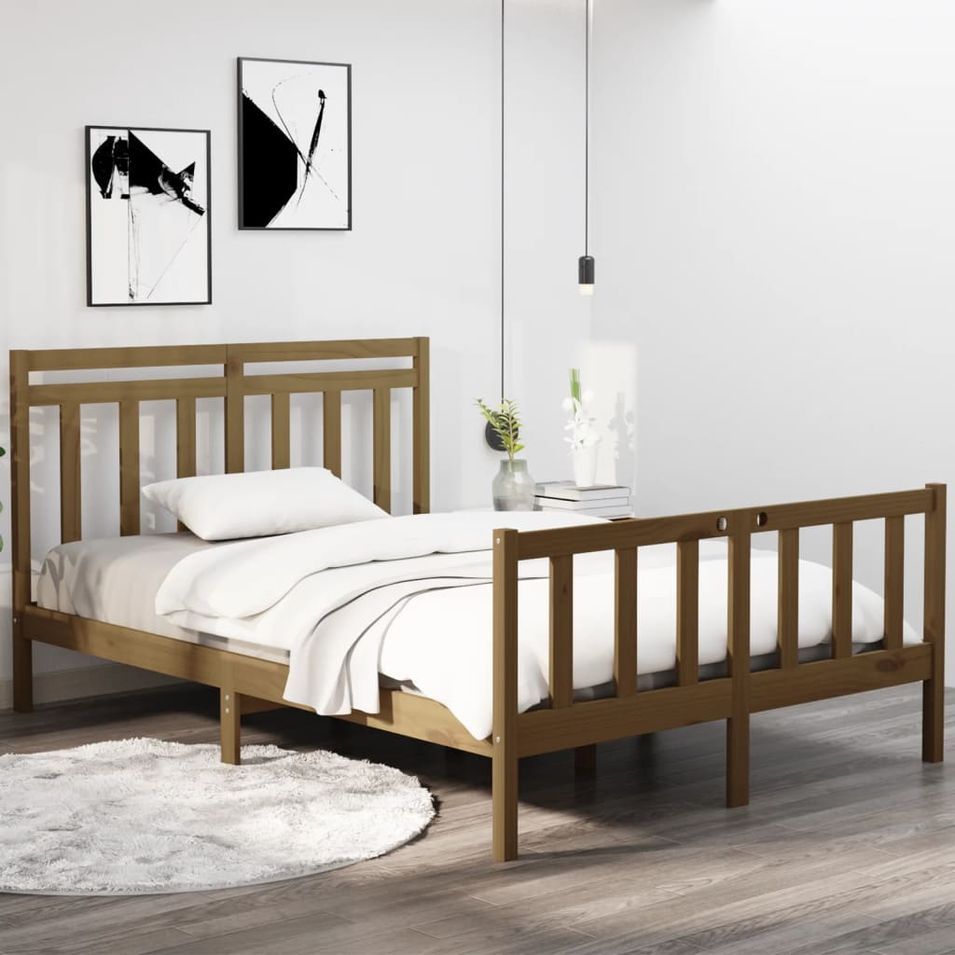Cadre de lit Marron miel Bois massif 120x190 cm Petit Double - Photo n°1