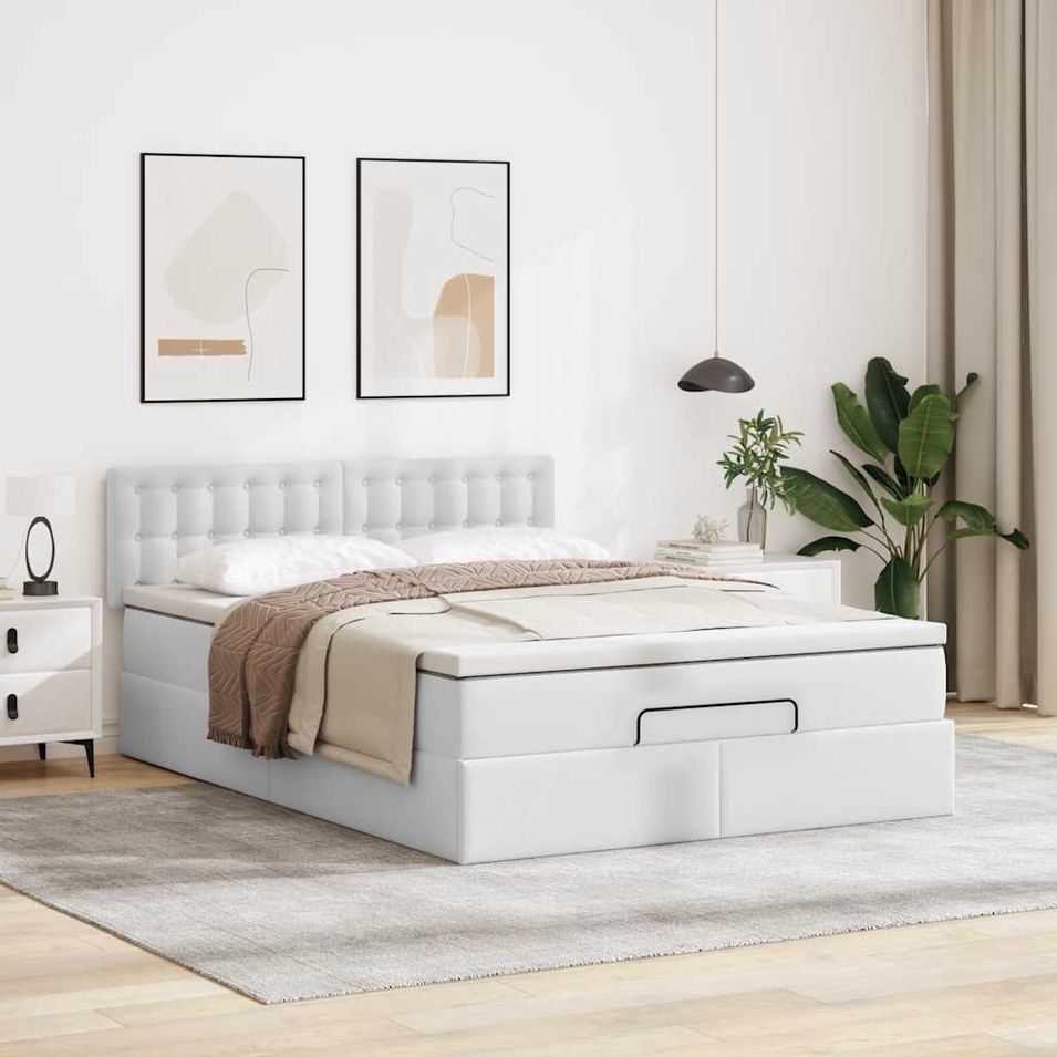 Cadre de lit ottoman avec matelas blanc 140x200 cm similicuir - Photo n°1